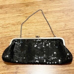 Ann Taylor LOFT black sequin evening bag w/ silver chain. Converts to clutch!